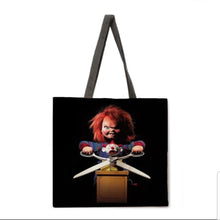 Load image into Gallery viewer, new chucky jack in the box canvas tote bags image is printed on both sides horror movies apparel unisex handbags
