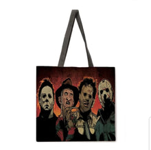 Load image into Gallery viewer, new leading men michael freddy leatherface jason canvas tote bags image is printed on both sides women unisex movie men michael meyers leatherface jason vorhees horror freddy krueger apparel handbags
