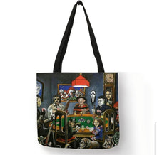 Load image into Gallery viewer, new poker playing horror squad canvas tote bags image is printed on both sides women unisex horror men movie apparel handbags leatherface jason freddy chucky gremlin handbags
