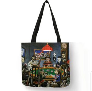new poker playing horror squad canvas tote bags image is printed on both sides women unisex horror men movie apparel handbags leatherface jason freddy chucky gremlin handbags