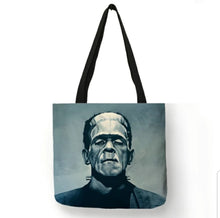 Load image into Gallery viewer, new frankenstein face canvas tote bags image is printed on both sides Women unisex movie men horror bride of frankenstein apparel handbags
