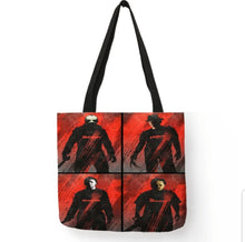 Load image into Gallery viewer, new 4 square red horror collage canvas tote bags image is printed on both sides handbag freddy krueger jason voorhees michael myers leatherface
