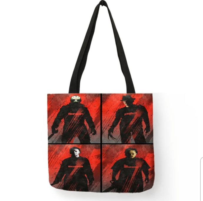 new 4 square red horror collage canvas tote bags image is printed on both sides handbag freddy krueger jason voorhees michael myers leatherface