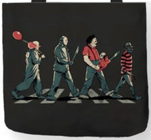 Load image into Gallery viewer, New Abby Road Horror Walk Canvas Tote Bags. Pennywise IT, Jason Voorhees, Leatherface And Freddy Krueger. Image Is Printed On Both Sides.
