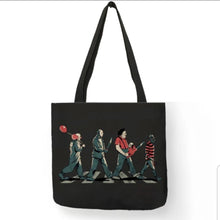 Load image into Gallery viewer, New Abby Road Horror Walk Canvas Tote Bags. Pennywise IT, Jason Voorhees, Leatherface And Freddy Krueger. Image Is Printed On Both Sides.
