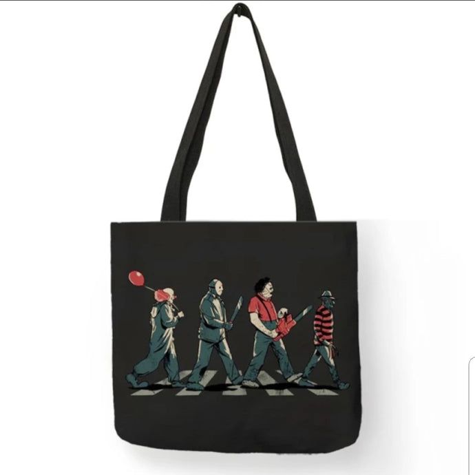New Abby Road Horror Walk Canvas Tote Bags. Pennywise IT, Jason Voorhees, Leatherface And Freddy Krueger. Image Is Printed On Both Sides.