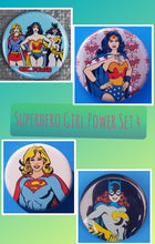Load image into Gallery viewer, new superhero girl power button set of 4 fashion buttons are 1.25 inches in size Set Includes Wonder Woman Standing Pose Superwoman Girl Power Batwoman usa tv superhero movie girl dc comics cartoon buttons america pinback
