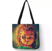 Load image into Gallery viewer, new up close chucky face canvas tote bags image is printed on both sides women unisex horror men movie chucky apparel handbags
