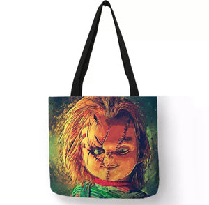 new up close chucky face canvas tote bags image is printed on both sides women unisex horror men movie chucky apparel handbags