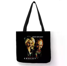 Load image into Gallery viewer, new chucky tiffany chucky gets lucky canvas tote bags image is printed on both sides unisex movies horror apparel accessories handbags
