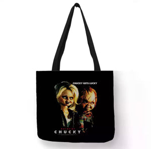 new chucky tiffany chucky gets lucky canvas tote bags image is printed on both sides unisex movies horror apparel accessories handbags
