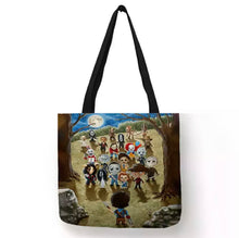 Load image into Gallery viewer, new horror collage as kids canvas tote bags image is printed on both sides12 Ash Williams Vs Everyone Featuring The Ring Girl Michael Myers Chucky Freddy Krueger Jason Voorhees Leatherface Pinhead Captain Spaulding Pennywise It Jack Torrance The Bride In Black Dr Hannibal Lecter Ghostface The Demon Nun The Grabber Pighead Slim Razor Pyramid Head Candy Man Pumpkinhead.
