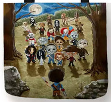 Load image into Gallery viewer, new horror collage as kids canvas tote bags image is printed on both sides12 Ash Williams Vs Everyone Featuring The Ring Girl Michael Myers Chucky Freddy Krueger Jason Voorhees Leatherface Pinhead Captain Spaulding Pennywise It Jack Torrance The Bride In Black Dr Hannibal Lecter Ghostface The Demon Nun The Grabber Pighead Slim Razor Pyramid Head Candy Man Pumpkinhead.
