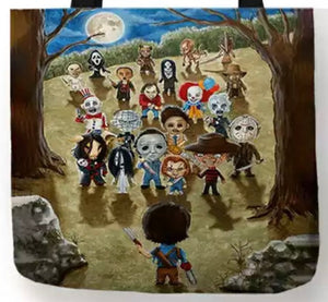 new horror collage as kids canvas tote bags image is printed on both sides12 Ash Williams Vs Everyone Featuring The Ring Girl Michael Myers Chucky Freddy Krueger Jason Voorhees Leatherface Pinhead Captain Spaulding Pennywise It Jack Torrance The Bride In Black Dr Hannibal Lecter Ghostface The Demon Nun The Grabber Pighead Slim Razor Pyramid Head Candy Man Pumpkinhead.