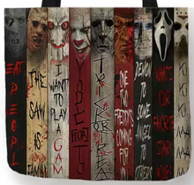 Load image into Gallery viewer, new horror collage famous sayings canvas tote bags image is printed on both sides unisex scream pinhead halloween jugsaw jason horror hellraiser freddy krueger hannibal movies

