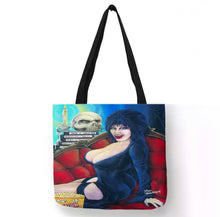 Load image into Gallery viewer, new elvira mistress of the dark canvas tote bags image is printed on both sides women vintage hollywood unisex tote bag men horror apparel handbag
