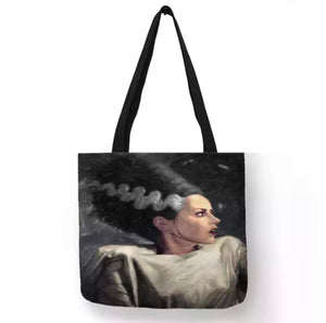 new bride of frankenstein color picture canvas tote bags image is printed on both sides vintage hollywood unisex hand bag horror movie