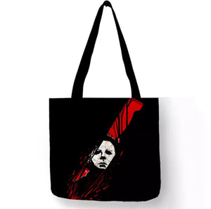 new michael myers red knife reflection canvas tote bags image is printed on both sides women unisex tote bag movies men horror apparel handbags