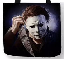 Load image into Gallery viewer, new michael myers reflection in knife canvas tote bags image is printed on both sides women unisex tote bag men halloween horror apparel adult handbags
