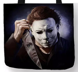new michael myers reflection in knife canvas tote bags image is printed on both sides women unisex tote bag men halloween horror apparel adult handbags