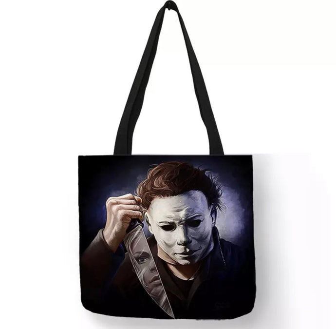 new michael myers reflection in knife canvas tote bags image is printed on both sides women unisex tote bag men halloween horror apparel adult handbags