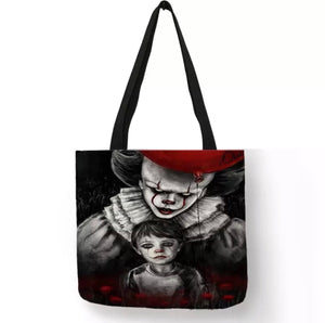 new pennywise with annabelle canvas tote bags image is printed on both sides women unisex tote bag movie men horror apparel handbags annabelle conjuring