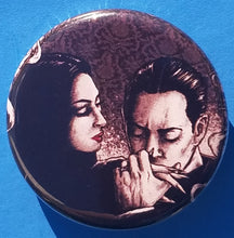 Load image into Gallery viewer, new the addams family button set of 7 fashion buttons are 1.25 inches in size Set Includes Group Picture The Addams Family Logo Morticia Gomez Morticia In A Chair Morticia Up close Uncle Fester Wednesday vintage hollywood movie collection tv pinback
