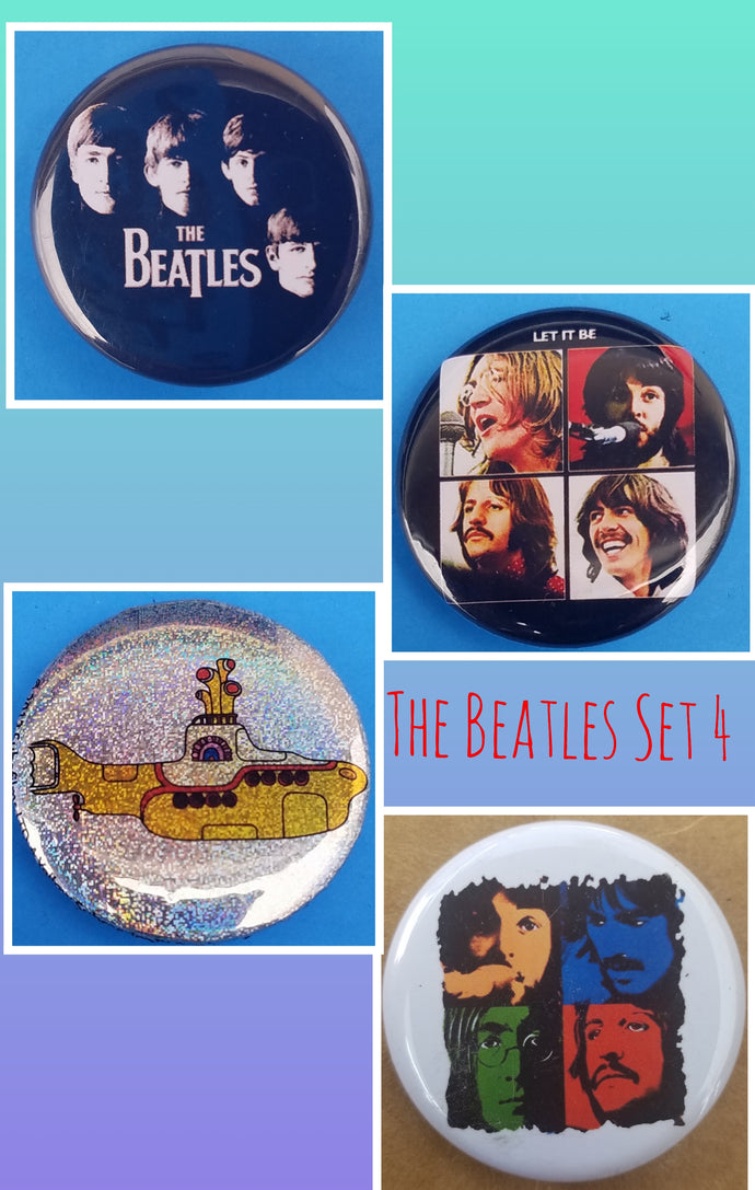 new the beatles button set of 4 fashion buttons are 1.25 inches in size Set Includes Black N White Group Picture Color Pictures On White Group Color Let It Be Yellow Submarine music collection classic rock pinback