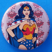 Load image into Gallery viewer, new superhero girl power button set of 4 fashion buttons are 1.25 inches in size Set Includes Wonder Woman Standing Pose Superwoman Girl Power Batwoman usa tv superhero movie girl dc comics cartoon buttons america pinback
