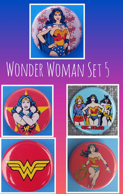 new wonder woman button set of 5 fashion buttons are 1.25 inches in size Set Includes Wonder Woman Standing Pose Wonder Woman With Rope Wonder Woman Girl Power Wonder Woman Arms Cross Wonder Woman Logo tv superhero movie girl dc comics cartoon pinback