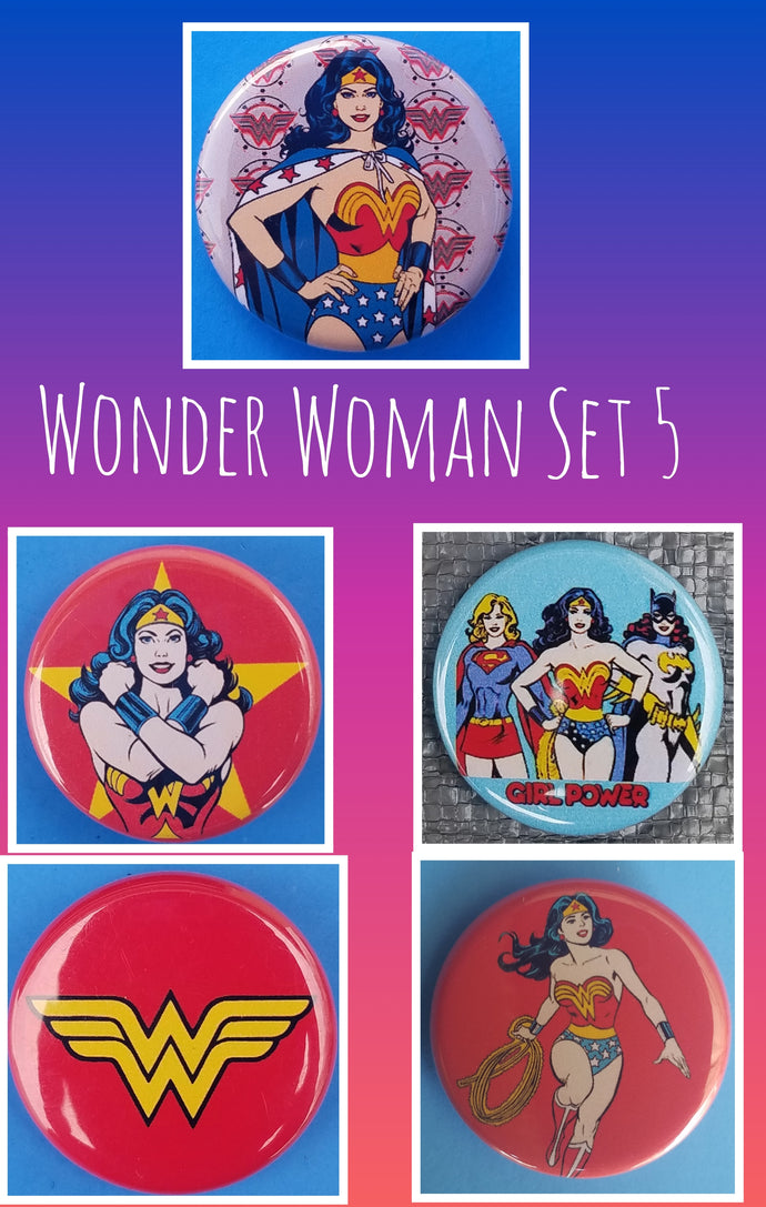 new wonder woman button set of 5 fashion buttons are 1.25 inches in size Set Includes Wonder Woman Standing Pose Wonder Woman With Rope Wonder Woman Girl Power Wonder Woman Arms Cross Wonder Woman Logo tv superhero movie girl dc comics cartoon pinback