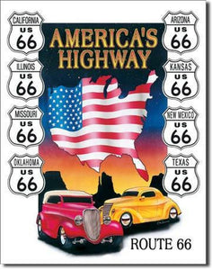 New "America's Highway Route 66" Man Cave Wall Art, Metal Sign 12.5"W x 16"H.