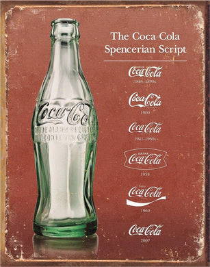 new coca cola spencerian script history nostalgia distressed metal sign 12.5width x 16height vintage wall decor novelty drinks sodas
