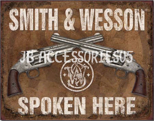 new smith wesson spoken here home protection man cave wall decor metal sign 16width x 12.5height decor guns home protection novelty