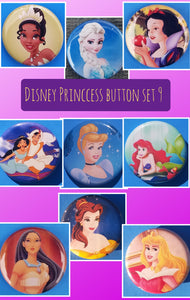 new disney princesses button set of 9 buttons are 1.25 inches in size Included In Set Snow White Ariel Elsa Cinderella Jasmin Belle Aurora  Pocahontas Tiana collection cartoons movies animation