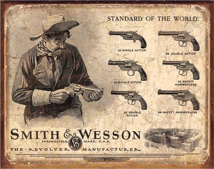 new smith wesson revolver manufacturer gun enthusiast wall art metal sign 16width x 12.5height decor standard of the world guns novelty