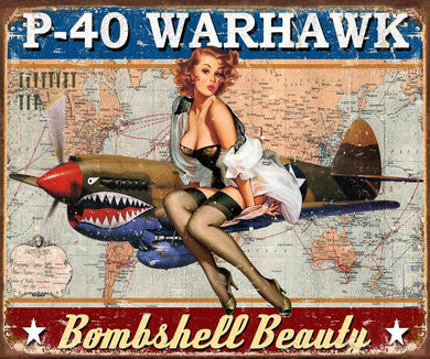 new curtiss p-40 warhawk bombshell beauty nostalgia metal sign 16width x 12.5height nostalgic vintage wall decor military army aviation america airplane air force novelty