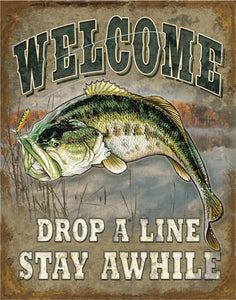 new welcome drop a line stay awhile fishing wall decor metal sign 12.5width x 16height decor sports fishing novelty